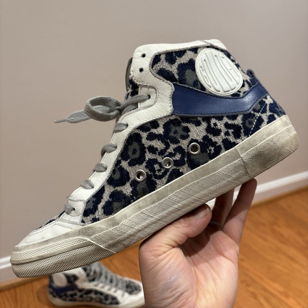 Golden Goose VCE 2.12 High‎ Top Shoes Womens Size 38 Blue Leopard Print Italy - Picture 3 of 16